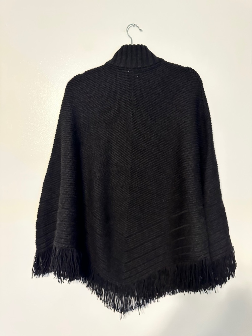 Pendleton 100% Merino Wool Fringe Rib Knit Poncho One Size Black - Picture 5 of 5